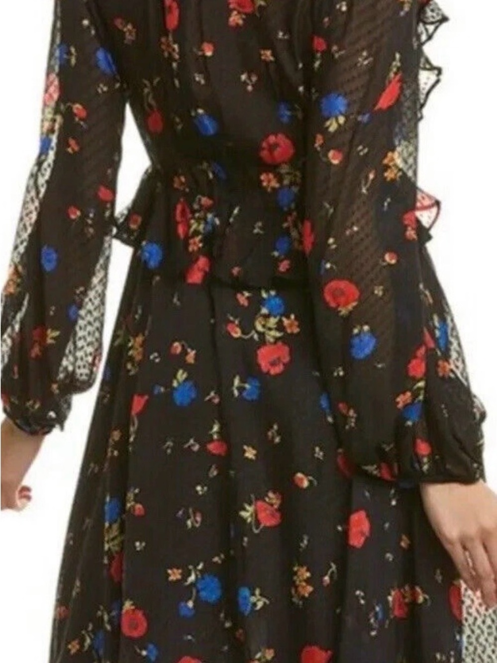 The Kooes Floral Black Long-Sleeve Midi Silk Dress - XS